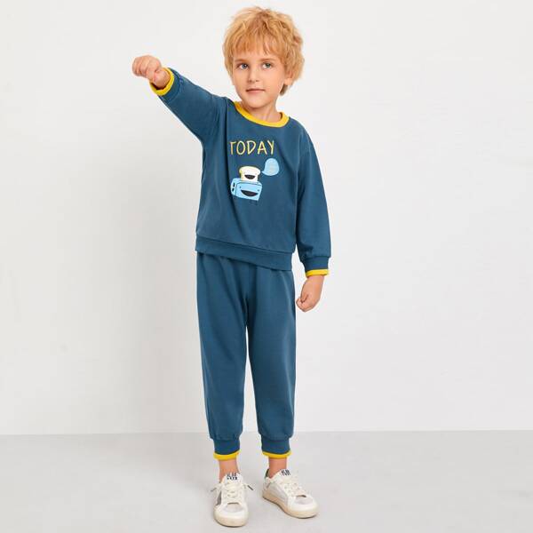 

Toddler Boys Letter & Cartoon Graphic Sweatshirt With Sweatpants, Blue