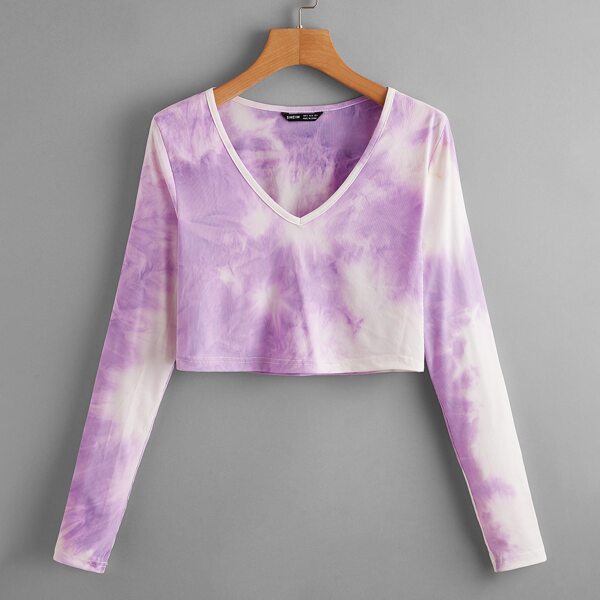 

Tie Dye Rib-knit V-neck Tee, Lilac purple