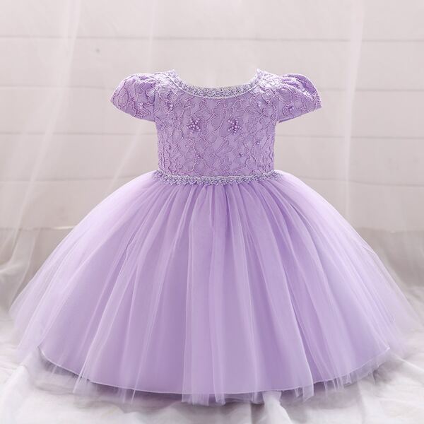 

Toddler Girls Puff Sleeve Embroidery Tie Back Gown Dress, Lilac purple