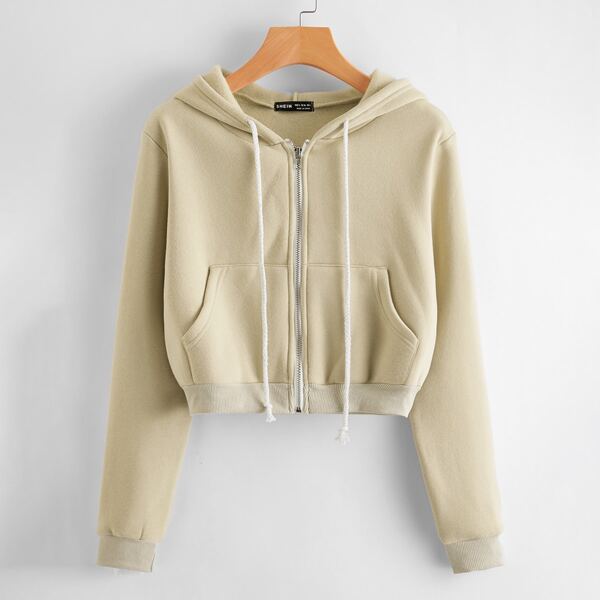 

Zip Up Drawstring Hoodie, Khaki