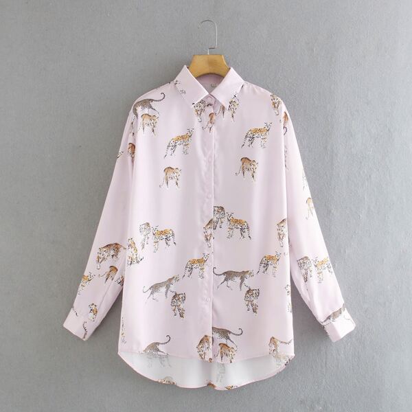 

Leopard Print Dip Hem Blouse, Pastel baby pink