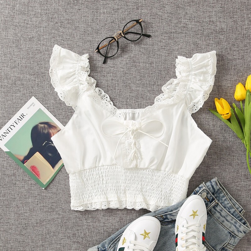 

Ruffle Schiffy Trim Shirred Waist Lace Up Front Top, White
