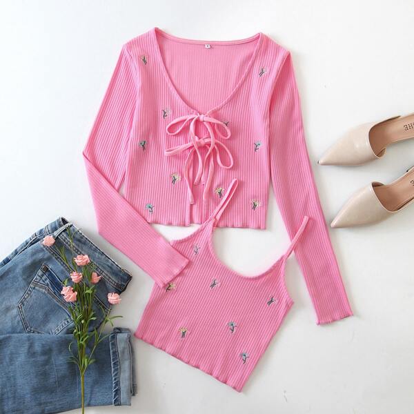 

Floral Embroidery Tie Front Top With Cami Top, Pink