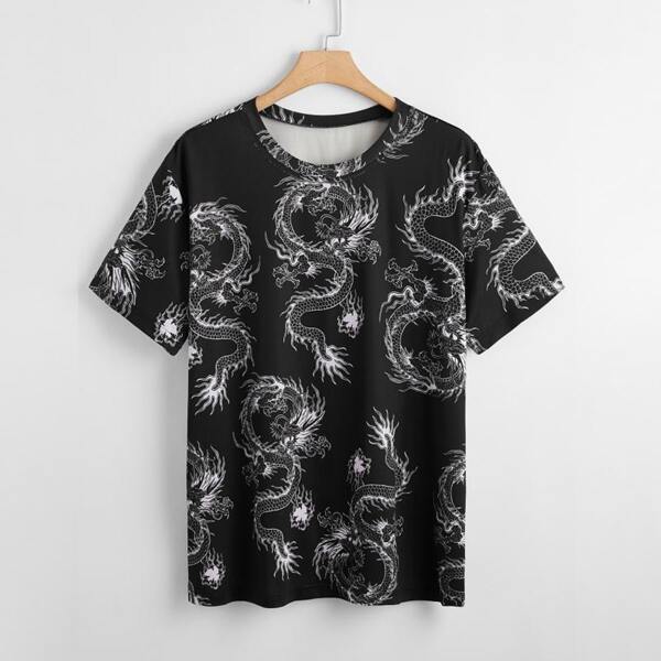 

Plus Allover Chinese Dragon Print Tee, Black
