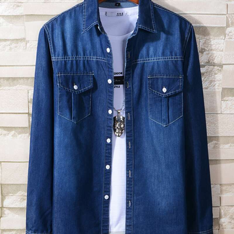 

Guys Flap Pocket Solid Denim Shirt, Dark wash