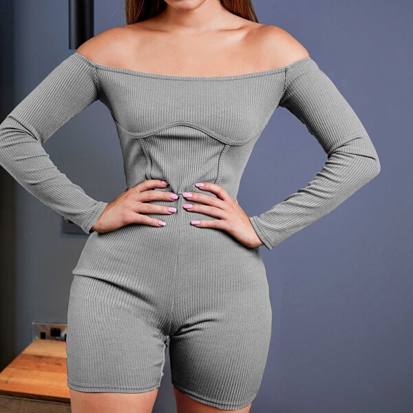 

Off Shoulder Rib-knit Unitard Romper, Grey
