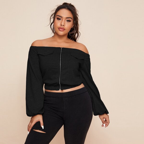 

Plus Lantern Sleeve Zip Up Bardot Sweatshirt, Black