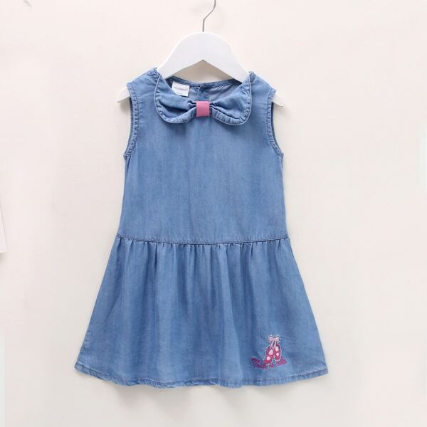 

Toddler Girls Embroidery Bow Front Denim Dress, Medium wash