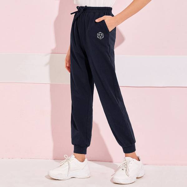 

Girls Bow Waist Geo Print Sweatpants, Navy blue