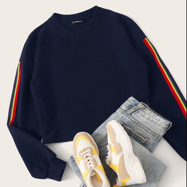 

Rainbow Striped Tape Side Pullover, Navy blue