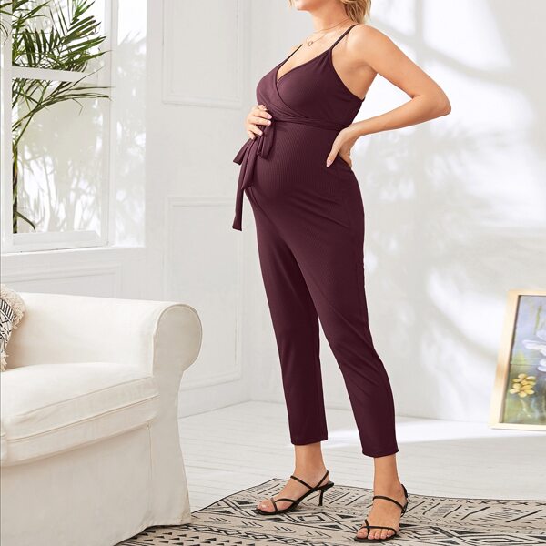 

Maternity Surplice Neck Rib-knit Belted Cami Jumpsuit, Maroon
