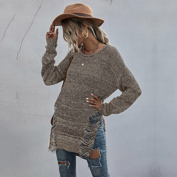 

Ripped Split Side High Low Sweater, Mocha brown