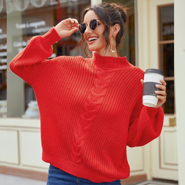 

Stand Collar Drop Shoulder Oversized Sweater, Red
