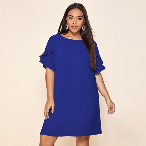 

Plus Solid Ruffle Trim Sleeve Dress, Royal blue