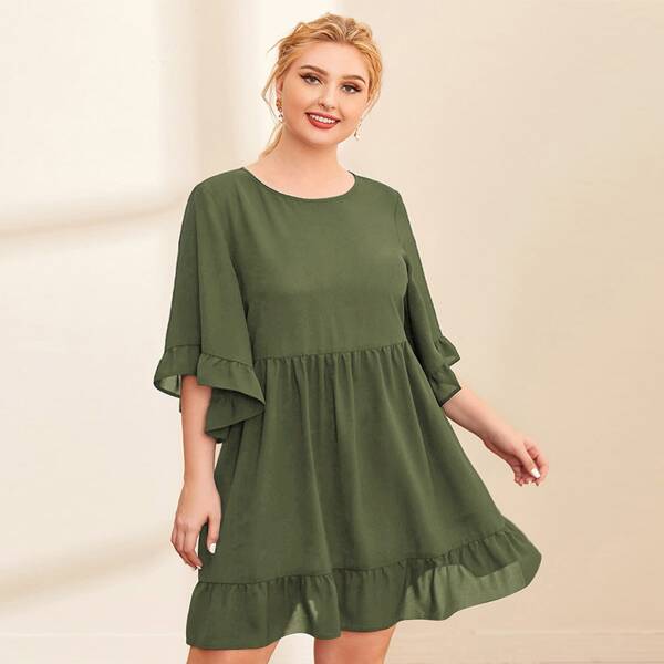 

Plus Flounce Sleeve Ruffle Hem Smock Dress, Army green