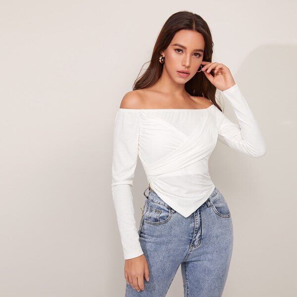 

Off Shoulder Cross Wrap Front Tie Back Asymmetrical Top, White