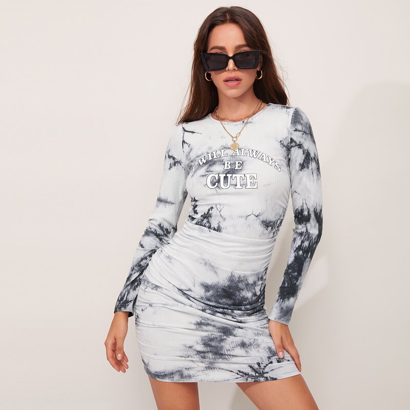 

Rib-knit Ruched Slogan Graphic Tie Dye Dress, White