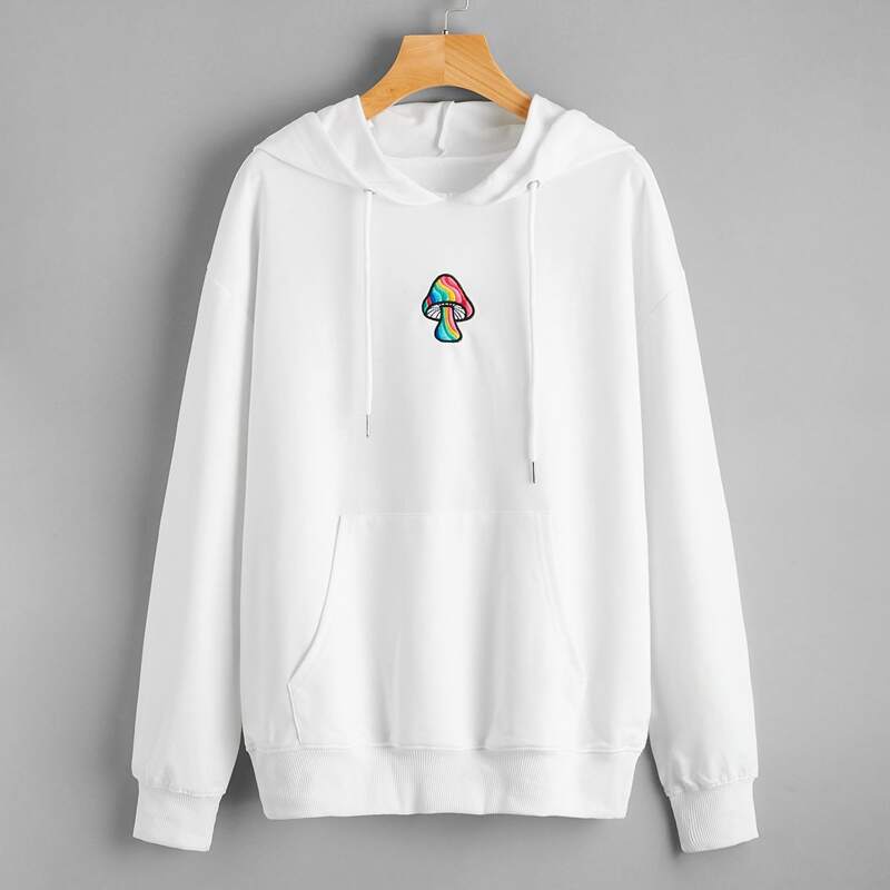 

Mushroom Embroidery Pocket Front Hoodie, White