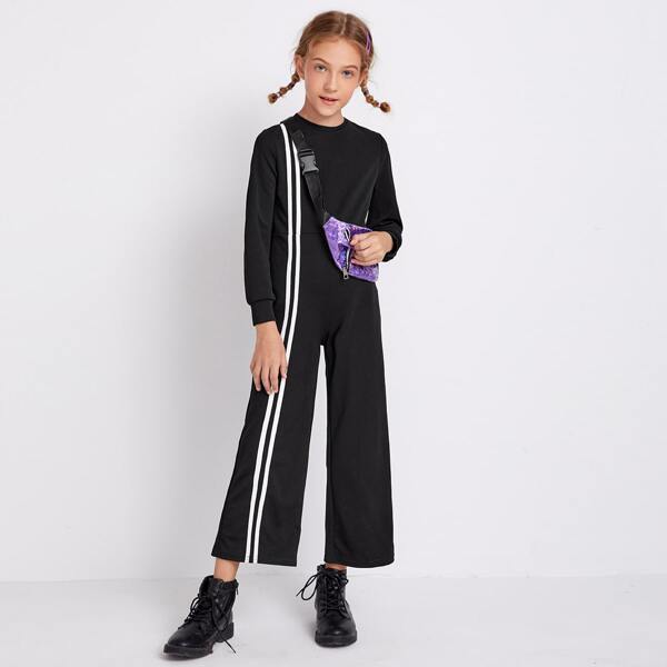

Girls Striped Trim Zip Back Jumpsuit Without Bag, Black