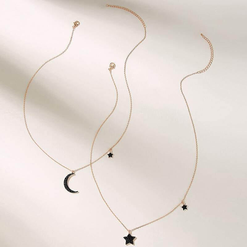 

Moon & Star Charm Pendant Necklace 2pcs, Black