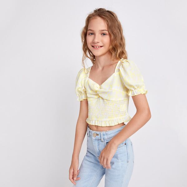 

Girls Sweetheart Neck Twist Front Shirred Panel Top, Yellow