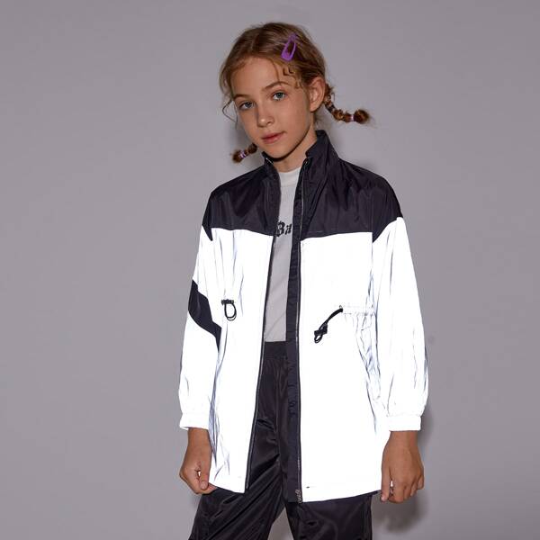 

Girls Drawstring Waist Colorblock Reflective Windbreaker Jacket, Silver
