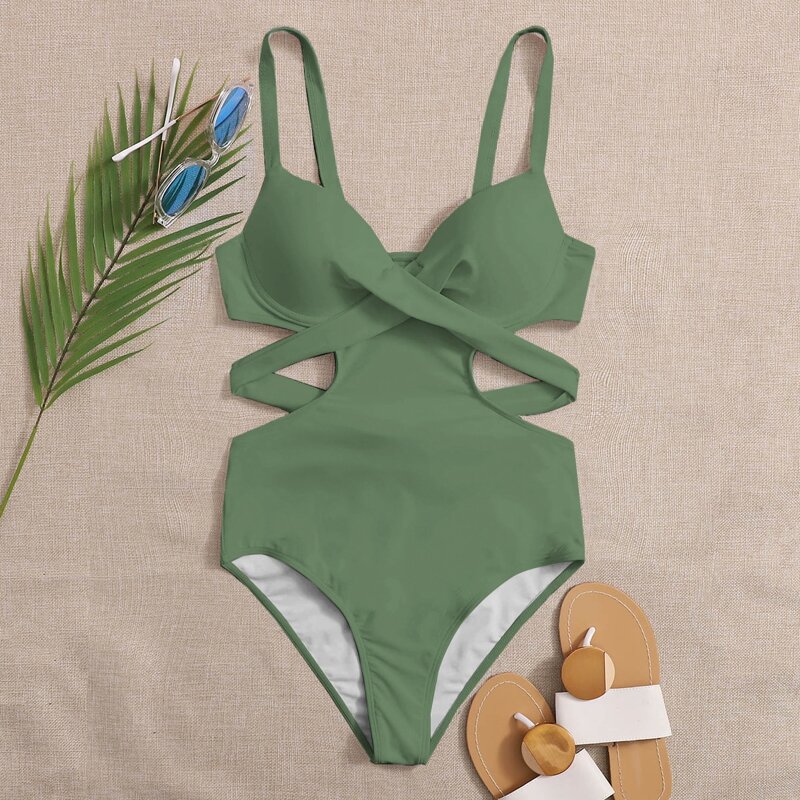 

Cut-out Twist Underwire One Piece Swimsuit, Army green