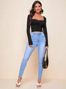 Firerie Áo thun Thắt nút màu trơn Giải trí - màu đen - Xem 3