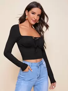 Firerie Áo thun Thắt nút màu trơn Giải trí - màu đen - Xem 5