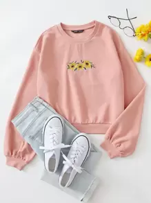 SHEIN EZwear Pullover con bordado de girasol - Rosa coral - Ver 1