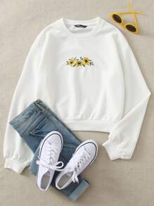 SHEIN EZwear Sunflower Embroidery Pullover - White - View 1