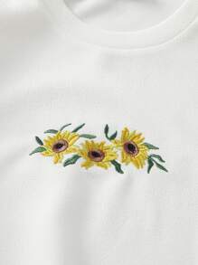 SHEIN EZwear Sunflower Embroidery Pullover - White - View 3