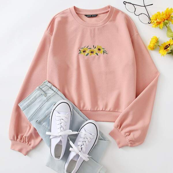 

Sunflower Embroidery Pullover, Coral pink