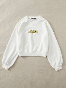 SHEIN EZwear Sunflower Embroidery Pullover - White - View 5