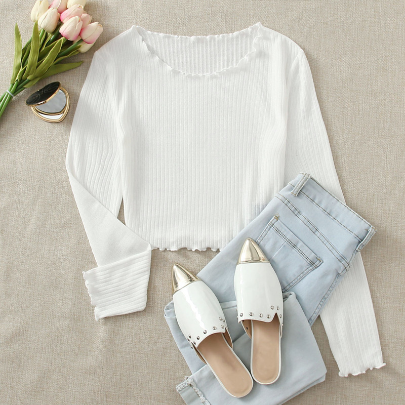 

Lettuce Trim Rib-knit Solid Tee, White