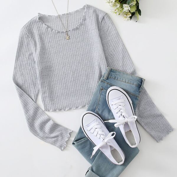 

Lettuce Trim Rib-knit Solid Tee, Light grey