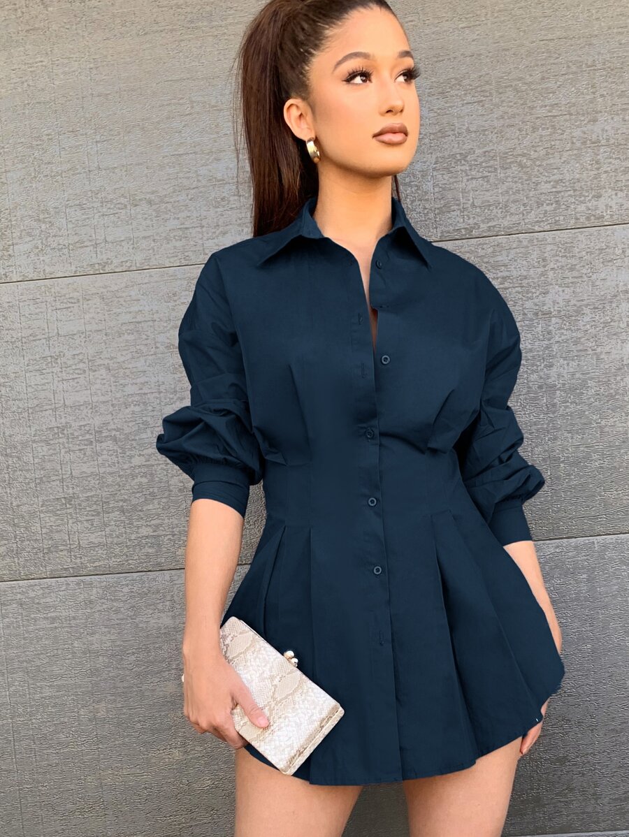 SHEIN Privé 褶皺袖折疊前百褶襯衫 - 藏蓝色 - 查看 1