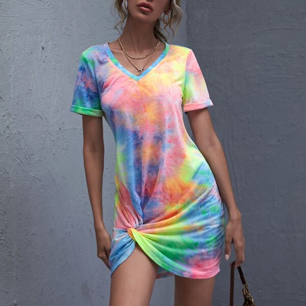 

Cuffed Twist Hem Tie Dye Dress, Multicolor