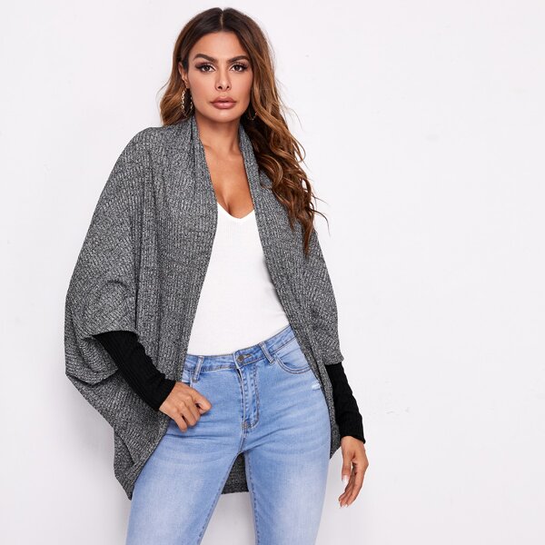 

Open Front Batwing Sleeve Rib-knit Coat, Dark grey