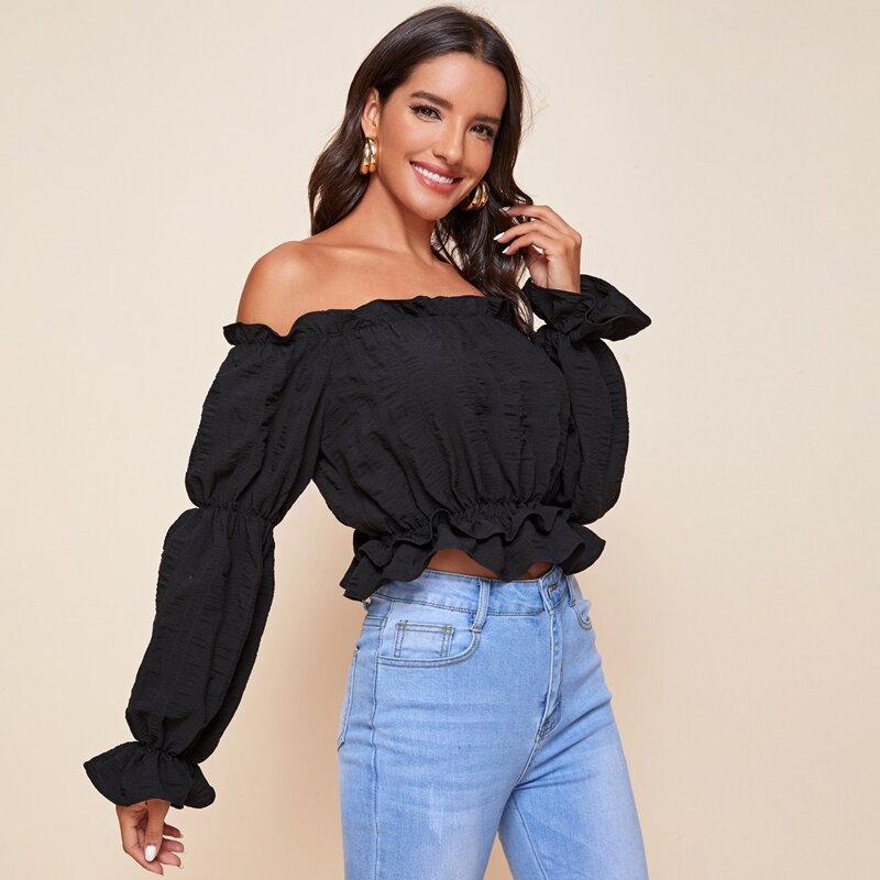 

Off Shoulder Frill Trim Peplum Top, Black