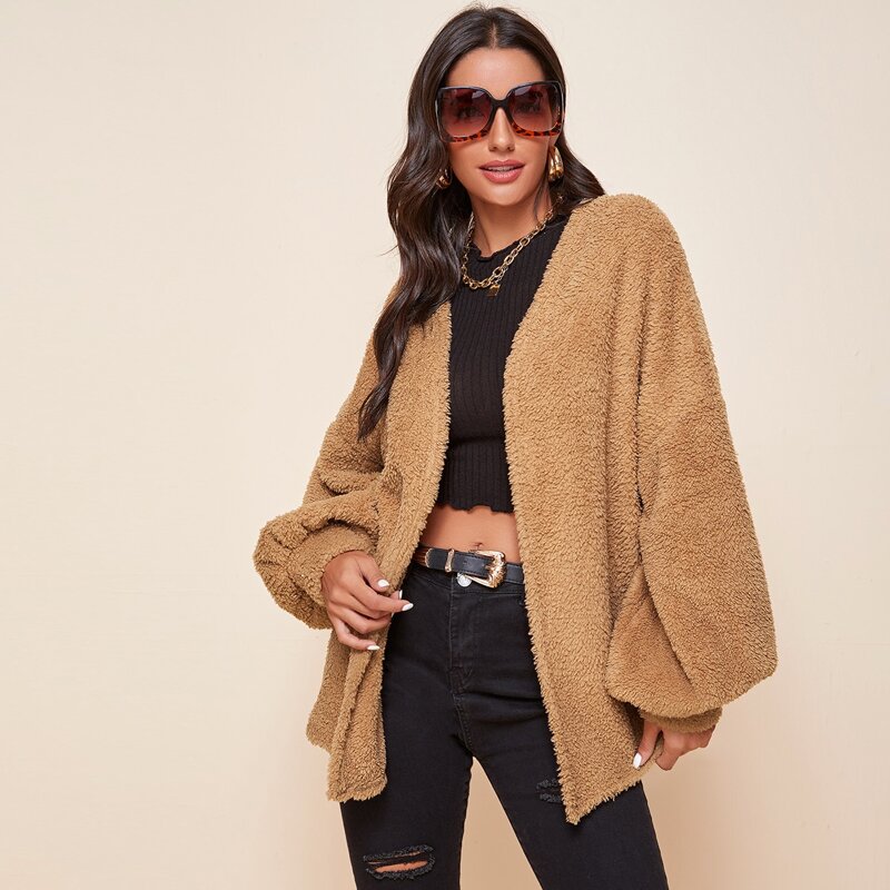 

Drop Shoulder Lantern Sleeve Teddy Coat, Brown