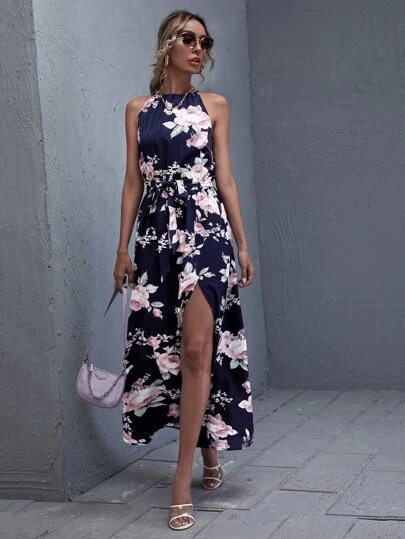 SHEINSplitThighBeltedFloralHalterDress - Shein Best Sellers