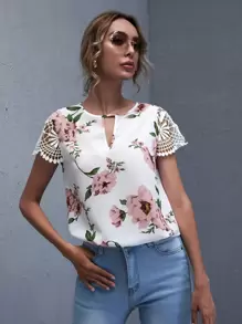 SHEIN Clasi Top floral de manga con encaje de cuello con ojal - Blanco - Ver 1