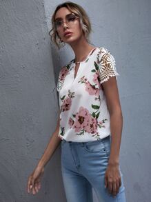 SHEIN Clasi Top floral de manga con encaje de cuello con ojal - Blanco - Ver 4