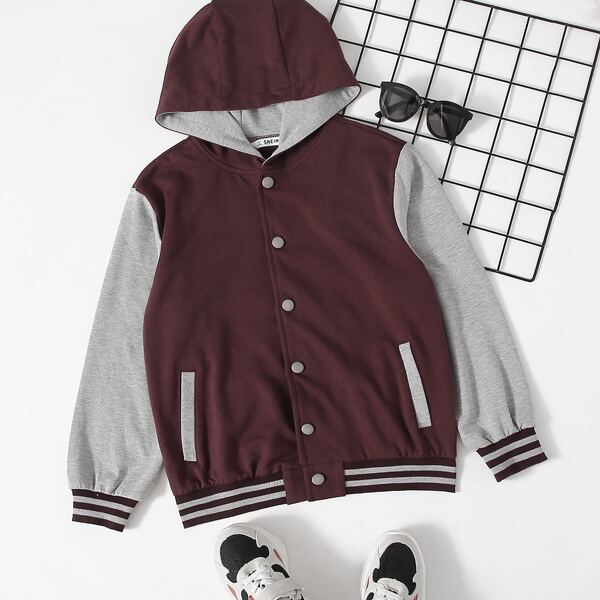 

Boys Striped Trim Two Tone Button Up Hooded Jacket, Maroon