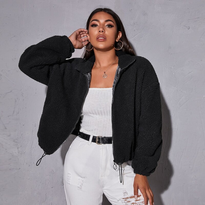 

Drawstring Hem O-ring Zipper Teddy Jacket, Black