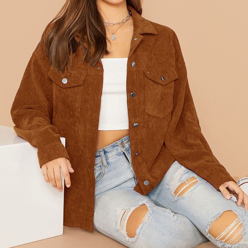 

Flap Pocket Front Cord Coat, Brown