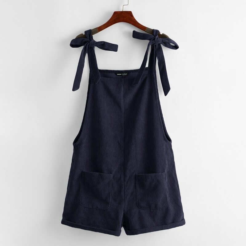

Tie Shoulder Pocket Front Cuffed Cord Romper, Navy blue