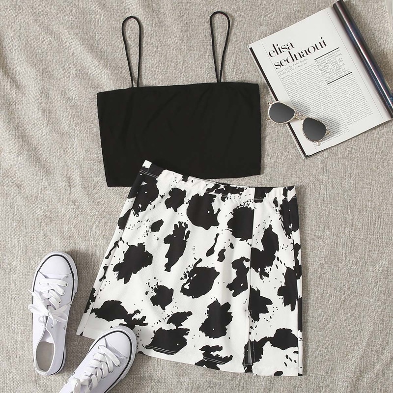 

Solid Cami Top & Split Hem Cow Pattern Skirt Set, Black and white
