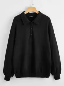 SHEIN Drop Shoulder Solid Half Button Placket Pullover - Black - View 1